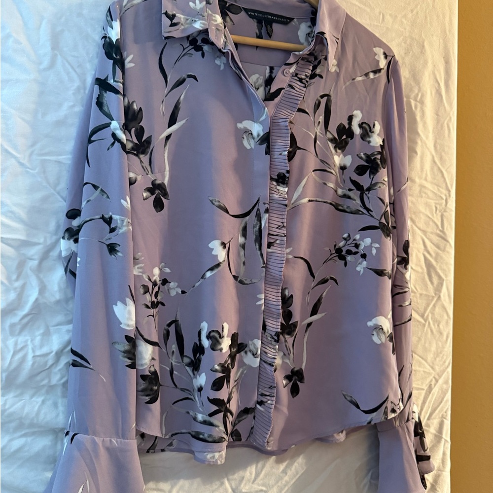 White House Black Market Lavender Floral Blouse, Button-Down, Ruffle Detail